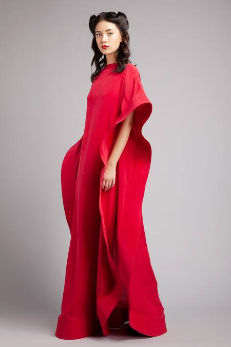 Gauri & Nainika_Red Crepe Bateau Slit Kaftan _Online_at_Aza_Fashions