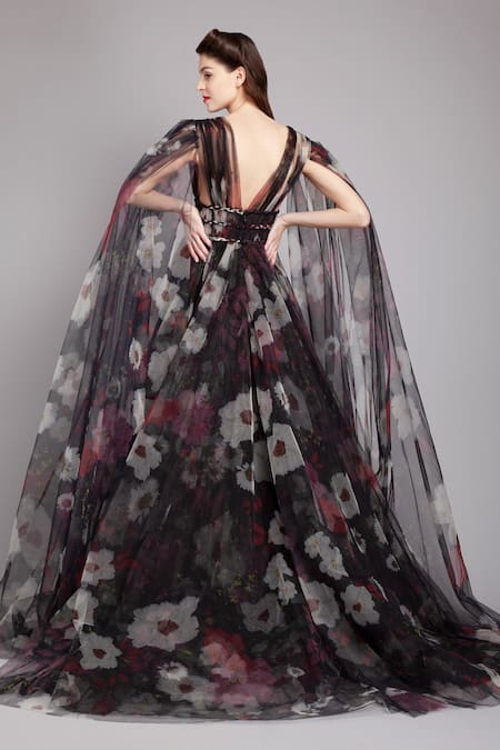 Gauri & Nainika  Floral Print Cape Gown 