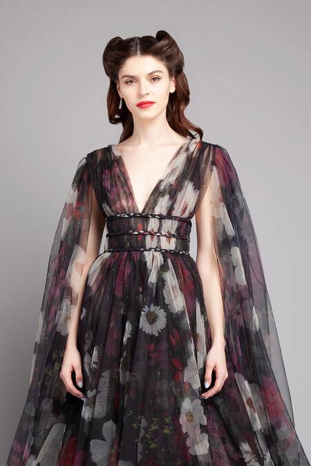 Buy_Gauri & Nainika_Black Net V Neck Floral Print Cape Gown _Online_at_Aza_Fashions