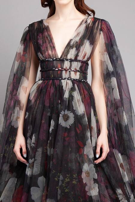 Shop_Gauri & Nainika_Black Net V Neck Floral Print Cape Gown _Online_at_Aza_Fashions