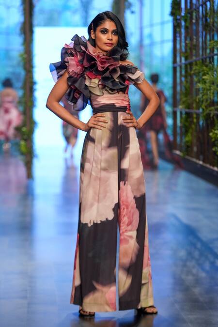 Gauri & Nainika Multi Color Organza, Heavy Georgette Carnation Floral Patterns Print Jumpsuit Online at Aza Fashions Gauri & Nainika_Multi Color Organza, Heavy Georgette Carnation Floral Patterns Print Jumpsuit _Online_at_Aza_Fashions