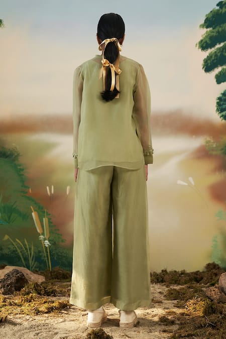 Shop_Febo6_Green Silk Organza Floral Round Placement Embroidered Tunic _at_Aza_Fashions