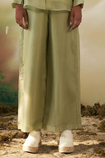Febo6_Green Silk Organza Plain Pant _Online_at_Aza_Fashions