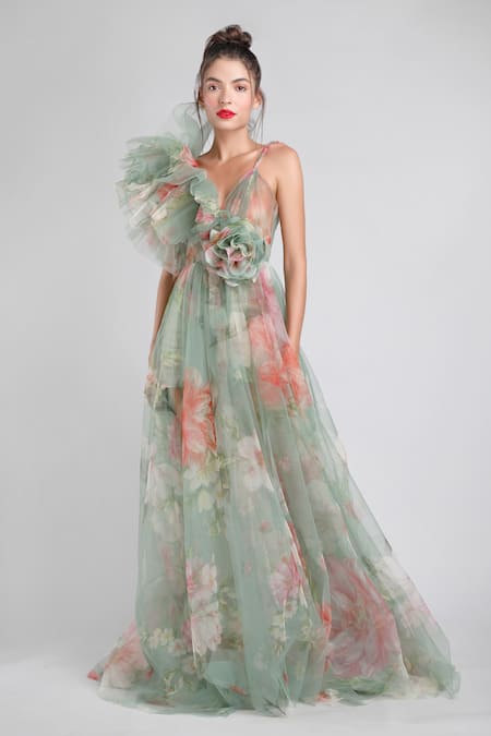 Buy_Gauri & Nainika_Green Net V Neck Printed Ruffle Romper _Online_at_Aza_Fashions