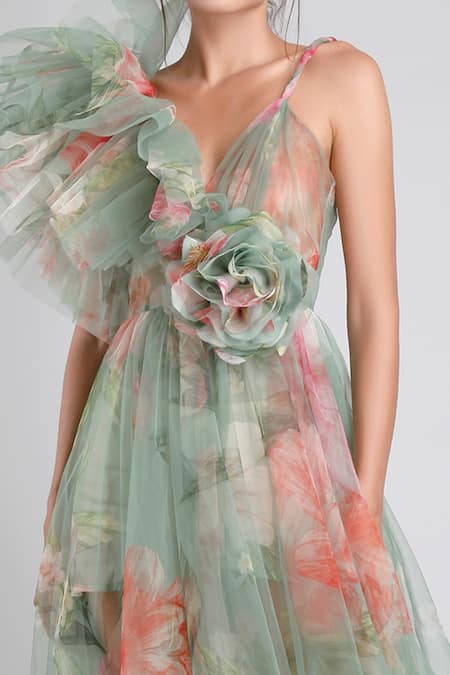 Shop_Gauri & Nainika_Green Net V Neck Printed Ruffle Romper _Online_at_Aza_Fashions