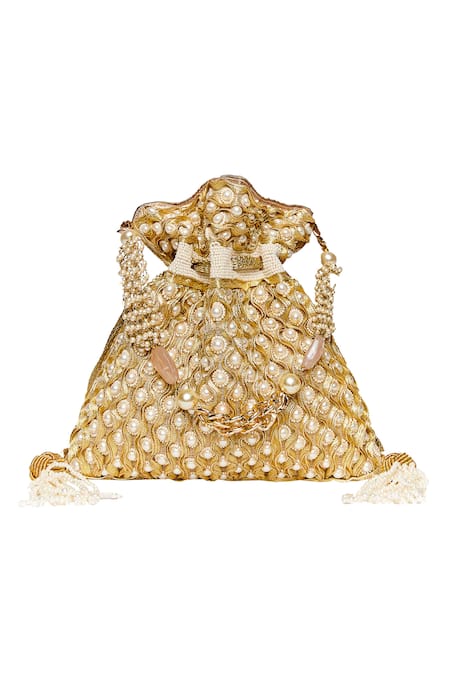 The Pink Potli Gold Pearls, Tassels Embroidered Potli Bag