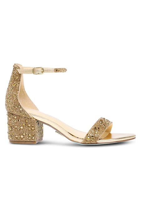 Shop Sephyr Gold Crystals, Rhinestones Swarovski Embellished Block Heels at Aza Fashions Shop_Sephyr_Gold Crystals, Rhinestones Swarovski Embellished Block Heels _at_Aza_Fashions