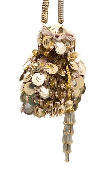 Shop SG Collection By Sonia Gulrajani Gold Sequins Penny Velvet Embroidered Potli Bag at Aza Fashions Shop_SG Collection By Sonia Gulrajani_Gold Sequins Penny Velvet Embroidered Potli Bag _at_Aza_Fashions