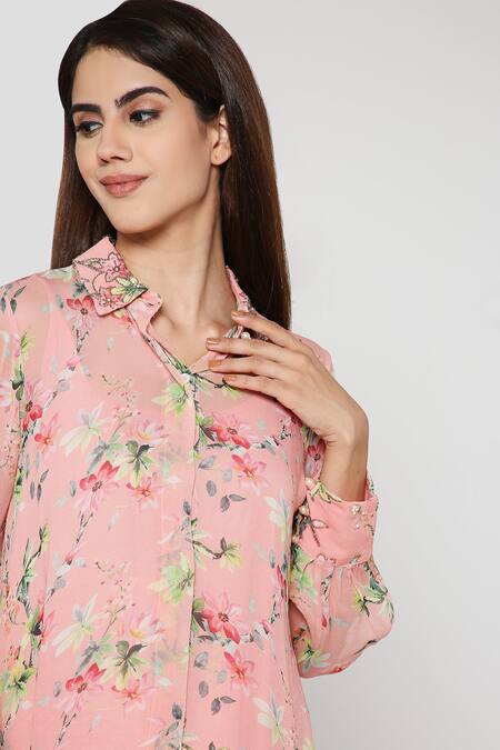 Bha Sha Pink Georgette Embroidery Collared Floral Print Shirt With Inner Online at Aza Fashions Bha Sha_Pink Georgette Embroidery Collared Floral Print Shirt With Inner _Online_at_Aza_Fashions
