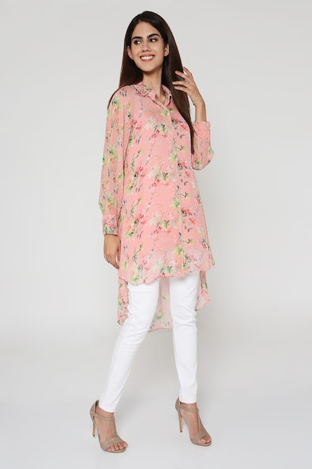 Buy Bha Sha Pink Georgette Embroidery Collared Floral Print Shirt With Inner Online at Aza Fashions Buy_Bha Sha_Pink Georgette Embroidery Collared Floral Print Shirt With Inner _Online_at_Aza_Fashions