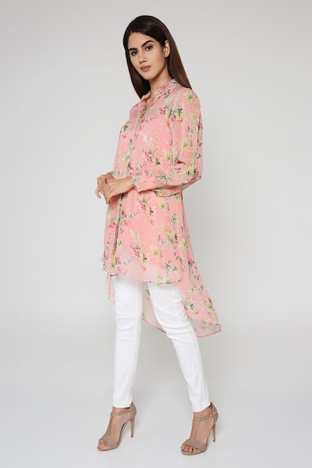 Shop Bha Sha Pink Georgette Embroidery Collared Floral Print Shirt With Inner Online at Aza Fashions Shop_Bha Sha_Pink Georgette Embroidery Collared Floral Print Shirt With Inner _Online_at_Aza_Fashions