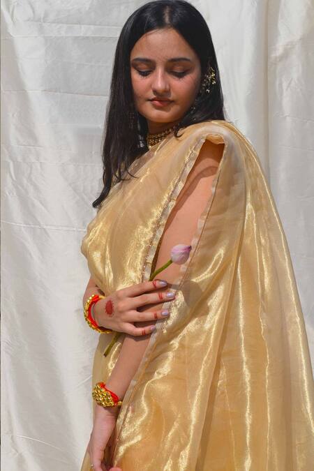 Studio Malang_Gold Tissue Silk Embroidery Gota Work Fringe Trim Saree_Online_at_Aza_Fashions