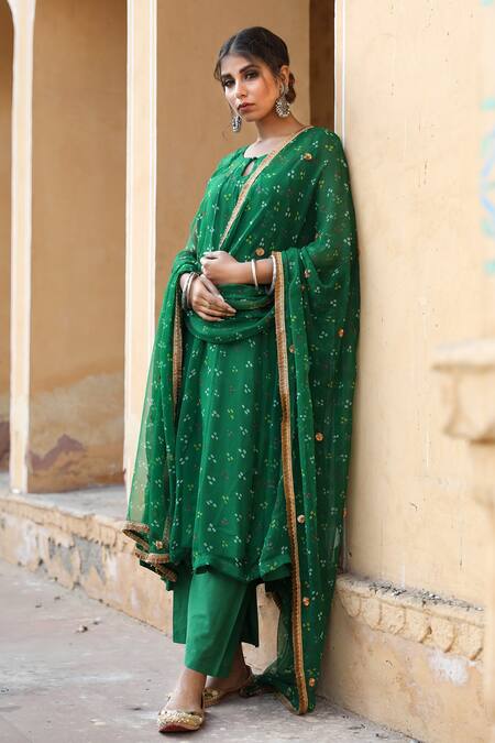 Gulabo Jaipur_Green Cotton, Georgette Bandhani Keyhole Gomti Print Anarkali Set_Online_at_Aza_Fashions