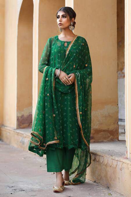 Buy_Gulabo Jaipur_Green Cotton, Georgette Bandhani Keyhole Gomti Print Anarkali Set_Online_at_Aza_Fashions