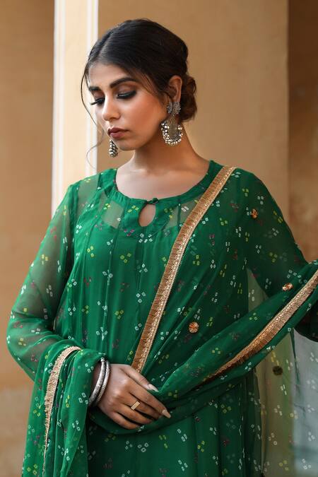 Gulabo Jaipur_Green Cotton, Georgette Bandhani Keyhole Gomti Print Anarkali Set_at_Aza_Fashions