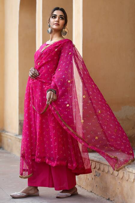 Gulabo Jaipur_Pink Cotton, Georgette Bandhani Keyhole Gomti Print Anarkali Set_Online_at_Aza_Fashions