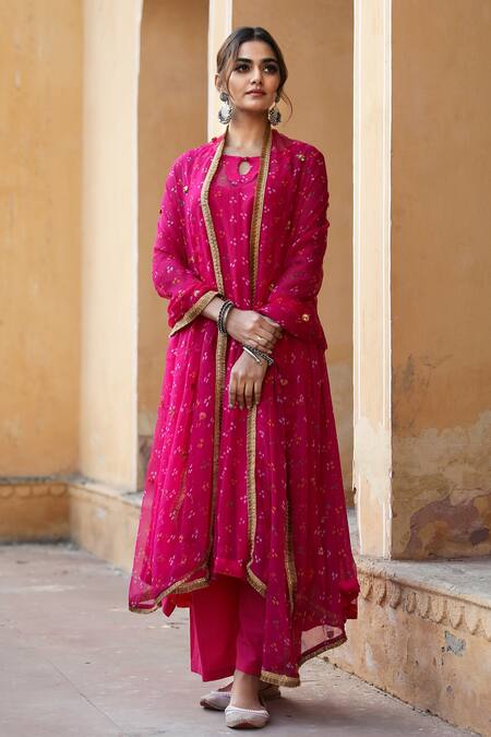 Buy_Gulabo Jaipur_Pink Cotton, Georgette Bandhani Keyhole Gomti Print Anarkali Set_Online_at_Aza_Fashions