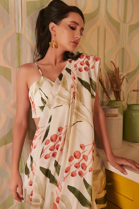 Shop House Of Hiya White Modal Satin Floral Print Saree at Aza Fashions Shop_House Of Hiya_White Modal Satin Floral Print Saree _at_Aza_Fashions