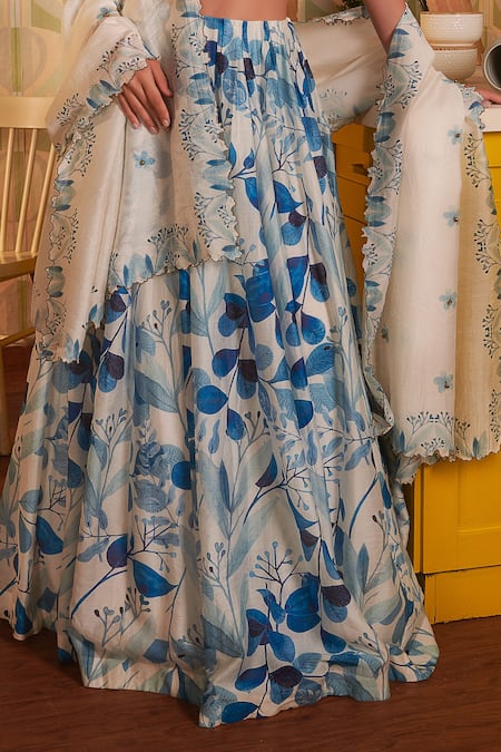 Buy_House Of Hiya_Blue Blouse And Lehenga Chanderi & Shantoon Lining Dupatta Printed Set _Online_at_Aza_Fashions