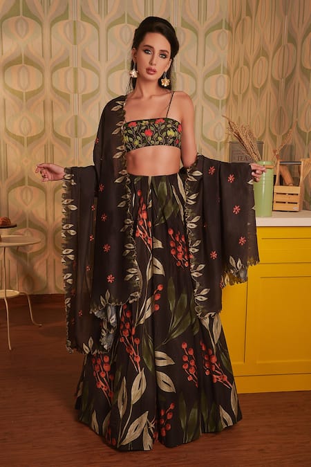 House Of Hiya Black Blouse And Lehenga Chanderi & Shantoon Lining Dupatta Printed Set 