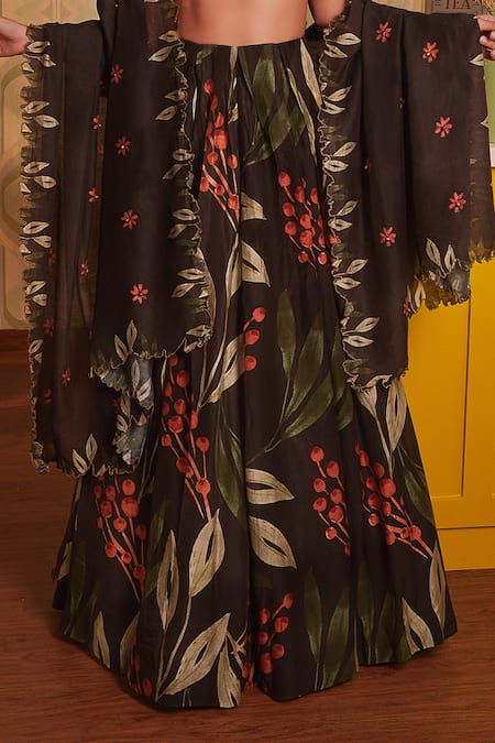 Buy House Of Hiya Black Blouse And Lehenga Chanderi & Shantoon Lining Dupatta Printed Set Online at Aza Fashions Buy_House Of Hiya_Black Blouse And Lehenga Chanderi & Shantoon Lining Dupatta Printed Set _Online_at_Aza_Fashions