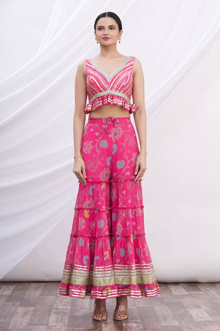 Gopi Vaid Pink V Neck Floral Print Jacket And Sharara Set Online at Aza Fashions Gopi Vaid_Pink V Neck Floral Print Jacket And Sharara Set_Online_at_Aza_Fashions