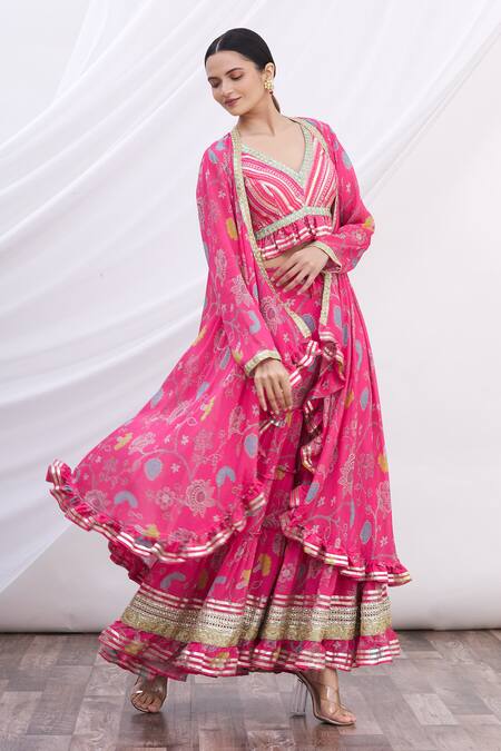 Buy Gopi Vaid Pink V Neck Floral Print Jacket And Sharara Set Online at Aza Fashions Buy_Gopi Vaid_Pink V Neck Floral Print Jacket And Sharara Set_Online_at_Aza_Fashions