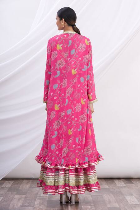 Shop Gopi Vaid Pink V Neck Floral Print Jacket And Sharara Set at Aza Fashions Shop_Gopi Vaid_Pink V Neck Floral Print Jacket And Sharara Set_at_Aza_Fashions