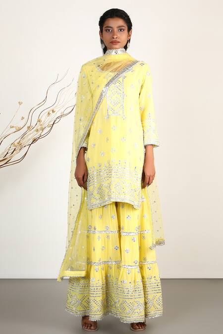 Gopi Vaid_Yellow Net, Cotton Silk Round Embroidered Kurta Set_Online_at_Aza_Fashions