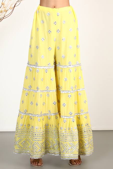 Buy_Gopi Vaid_Yellow Net, Cotton Silk Round Embroidered Kurta Set_Online_at_Aza_Fashions