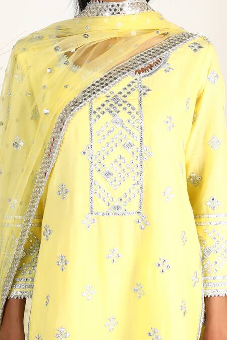 Shop_Gopi Vaid_Yellow Net, Cotton Silk Round Embroidered Kurta Set_Online_at_Aza_Fashions