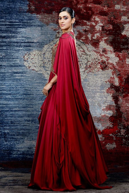 Buy_Shantnu Nikhil_Maroon Satin Draped Gown_Online_at_Aza_Fashions