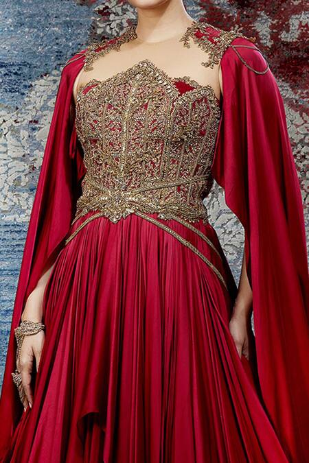 Shop_Shantnu Nikhil_Maroon Satin Draped Gown_Online_at_Aza_Fashions