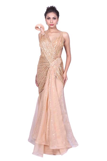 Buy_Archana Kochhar_Gold Organza, Georgette Sequins, Cut Work V-neck Embroidered Saree Gown _Online_at_Aza_Fashions