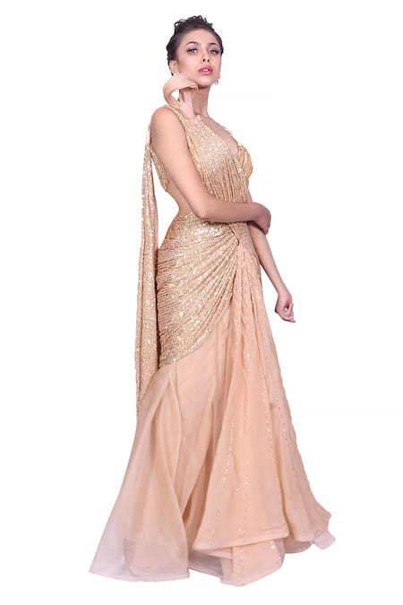 Shop_Archana Kochhar_Gold Organza, Georgette Sequins, Cut Work V-neck Embroidered Saree Gown _Online_at_Aza_Fashions