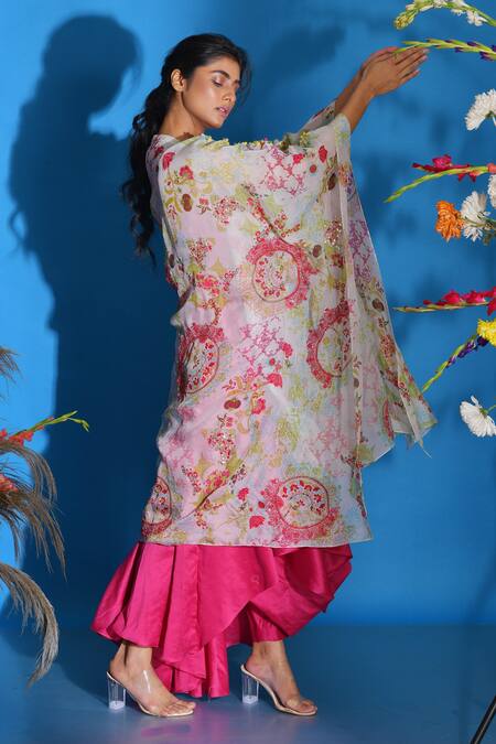 Garo_Pink Chanderi Floral Cape Open Printed And Anarkali Set_Online_at_Aza_Fashions