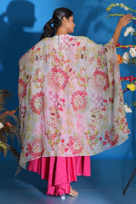 Shop_Garo_Pink Chanderi Floral Cape Open Printed And Anarkali Set_Online_at_Aza_Fashions
