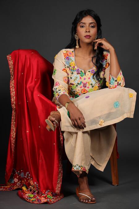 Shop_Kasturi Tikmani_Gold Kurta And Palazzo  Shimmer Chanderi And Dupatta Pure Dupion Silk Bead & Set_Online_at_Aza_Fashions