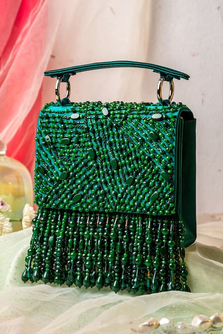 Shop_House of Vian_Green Beads, Pearls Samara Embellished Clutch _at_Aza_Fashions