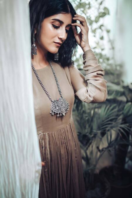 Buy_Dot_Beige Cotton Round Anarkali Kurta _Online_at_Aza_Fashions