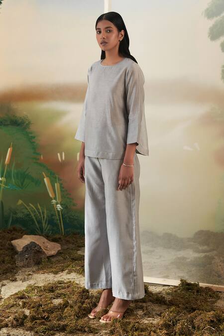 Febo6_Grey Chanderi Plain Round Top And Pant Set _Online_at_Aza_Fashions