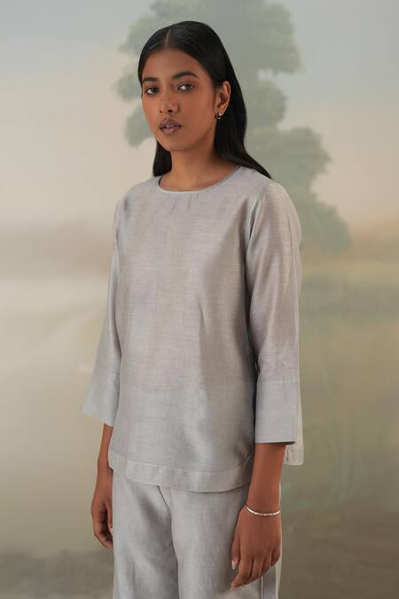 Buy_Febo6_Grey Chanderi Plain Round Top And Pant Set _Online_at_Aza_Fashions