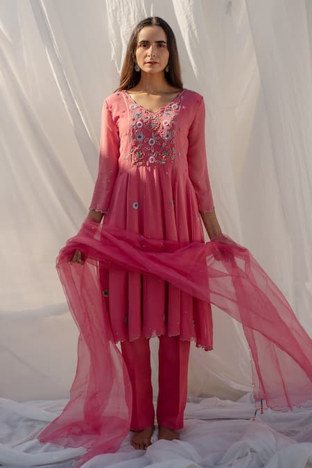 Apeksha Jain Label Pink Organza, Georgette, Shantoon Cutdana Work, Floral Embroidered Anarkali Set
