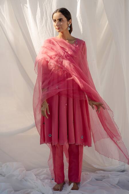 Apeksha Jain Label_Pink Organza, Georgette, Shantoon Cutdana Work, Floral Embroidered Anarkali Set_Online_at_Aza_Fashions