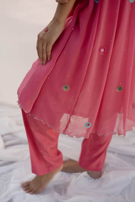 Apeksha Jain Label_Pink Organza, Georgette, Shantoon Cutdana Work, Floral Embroidered Anarkali Set_at_Aza_Fashions