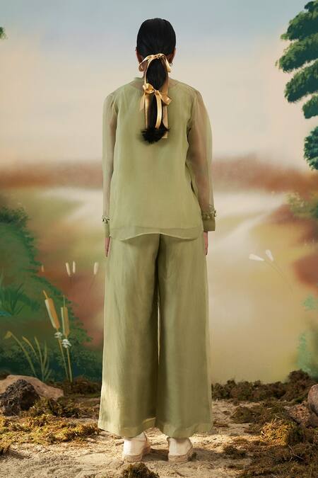 Shop Febo6 Green Silk Organza Floral Round Embellished Top And Pant Set at Aza Fashions Shop_Febo6_Green Silk Organza Floral Round Embellished Top And Pant Set _at_Aza_Fashions