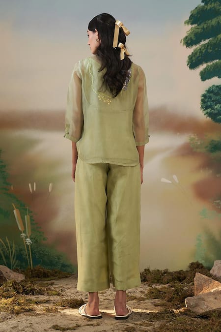 Shop Febo6 Green Silk Organza Floral Round Top And Pant Set at Aza Fashions Shop_Febo6_Green Silk Organza Floral Round Top And Pant Set _at_Aza_Fashions