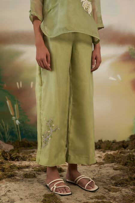 Buy Febo6 Green Silk Organza Floral Round Top And Pant Set Online at Aza Fashions Buy_Febo6_Green Silk Organza Floral Round Top And Pant Set _Online_at_Aza_Fashions