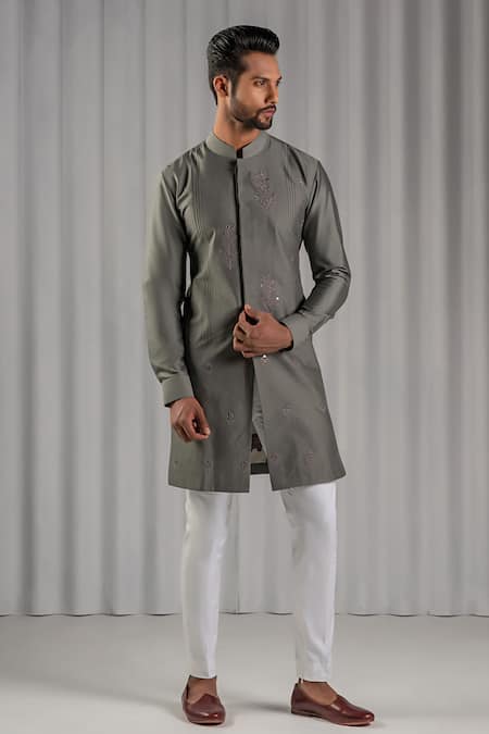 Punit Arora Grey Cotton Silk Embroidered Kurta And Pant Set 