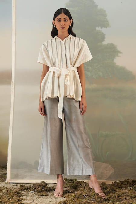 Febo6 White Chanderi Plain Spread Collar Top And Pant Set 